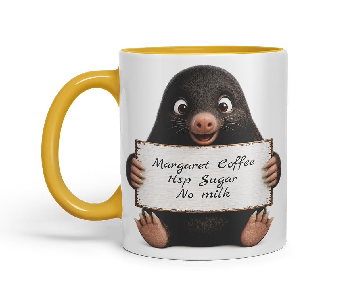 Vixar Personalised Mole Mug with Name or Custom Message – Cute Animal Coloured Ceramic Mug Cup Gift, 11oz (Black)