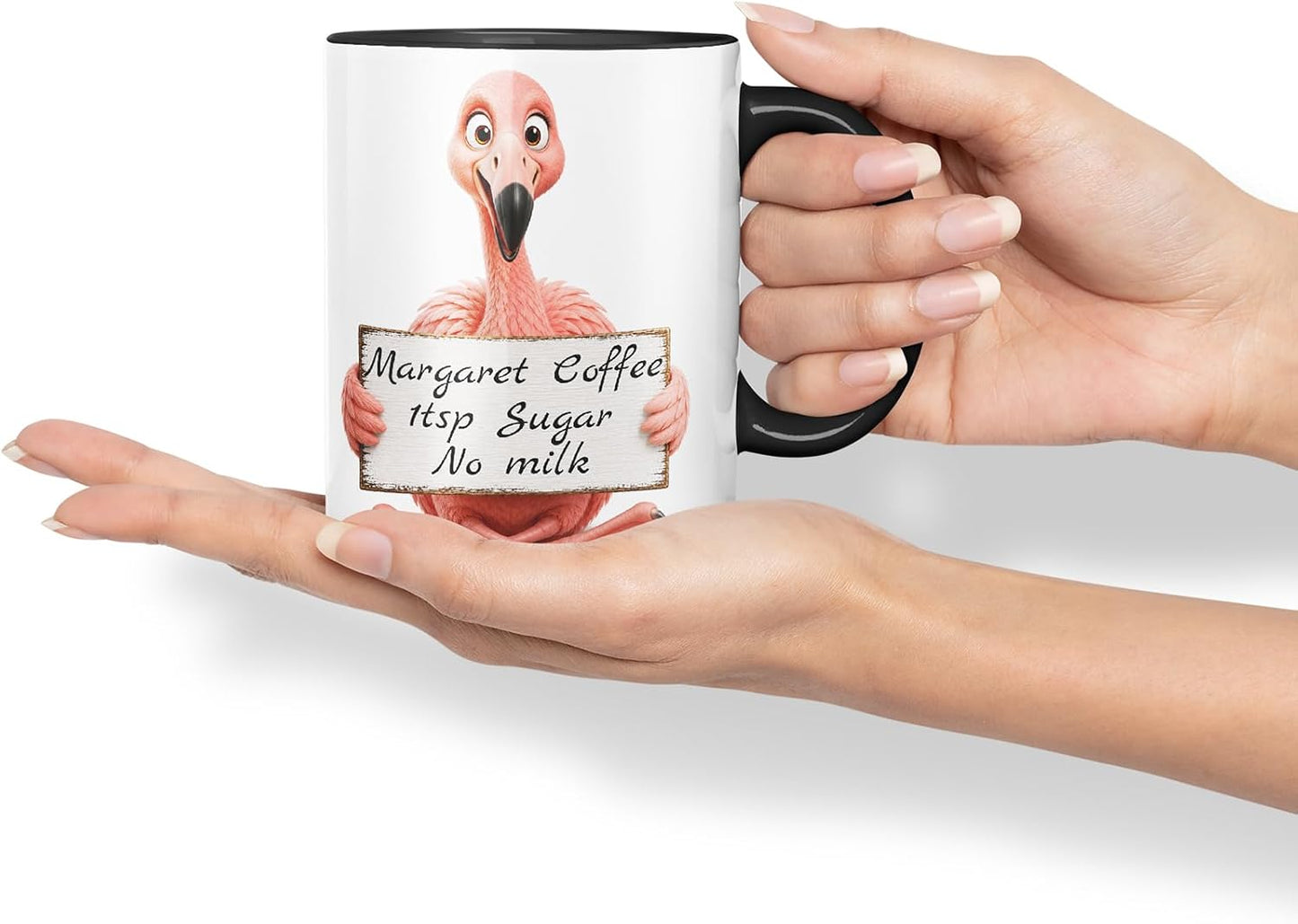 Vixar Personalised Flamingo Mug with Name or Custom Message – Cute Animal Coloured Ceramic Mug Cup Gift, 11oz (Black)