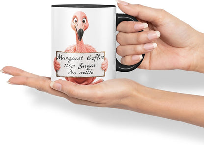 Vixar Personalised Flamingo Mug with Name or Custom Message – Cute Animal Coloured Ceramic Mug Cup Gift, 11oz (Black)