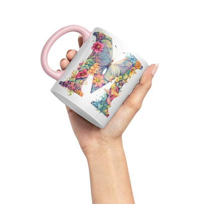 Letter M mug, Floral flowers butterfly Alphabet Letter M Monogram watercolour Ceramic Coloured Mug Cup for Tea Coffee Hot brew 330ml 11Oz Gift