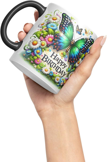 Vixar Happy Birthday Green Butterfly Daisies Coloured Ceramic Mug Cup Gift 11oz V8 (Black)