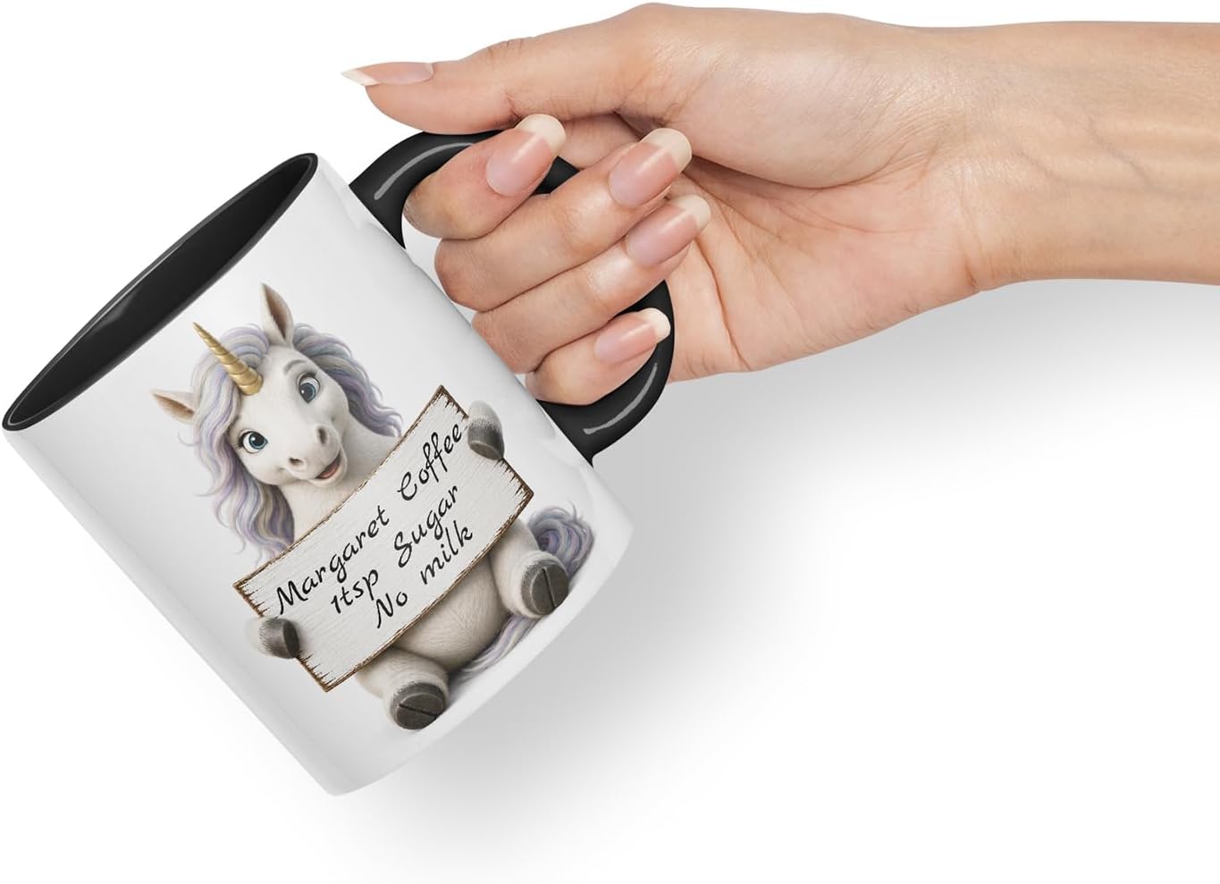 Vixar Personalised Rainbow Unicorn Mug with Name or Custom Message – Cute Animal Coloured Ceramic Mug Cup Gift, 11oz (Black)