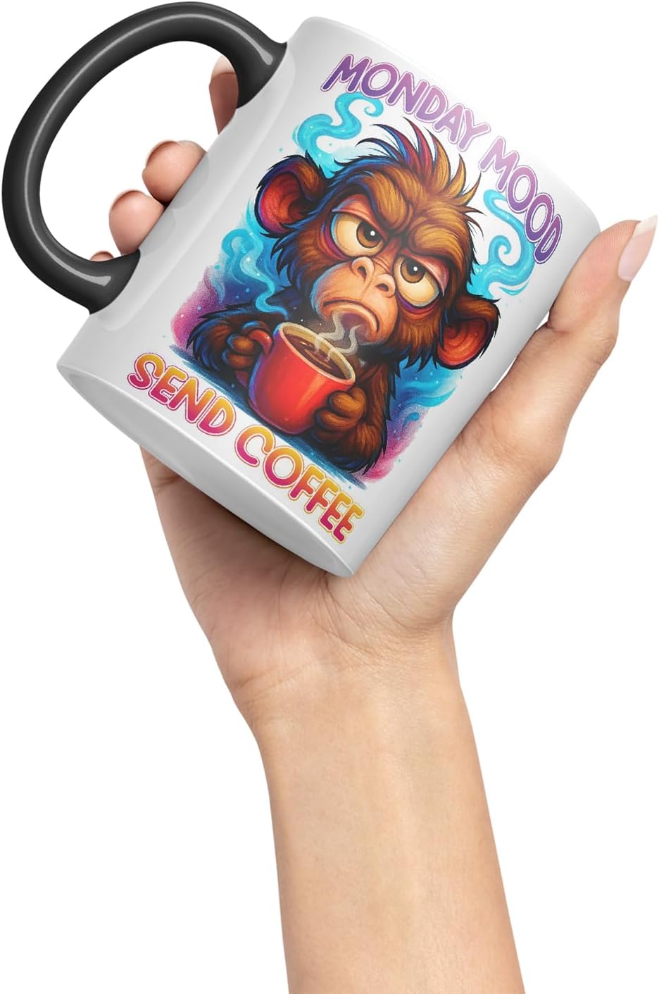 Vixar Monday Mood Send Coffee Funny Monkey Mug – Coloured Ceramic Mug Cup Gift, 11oz (Black)