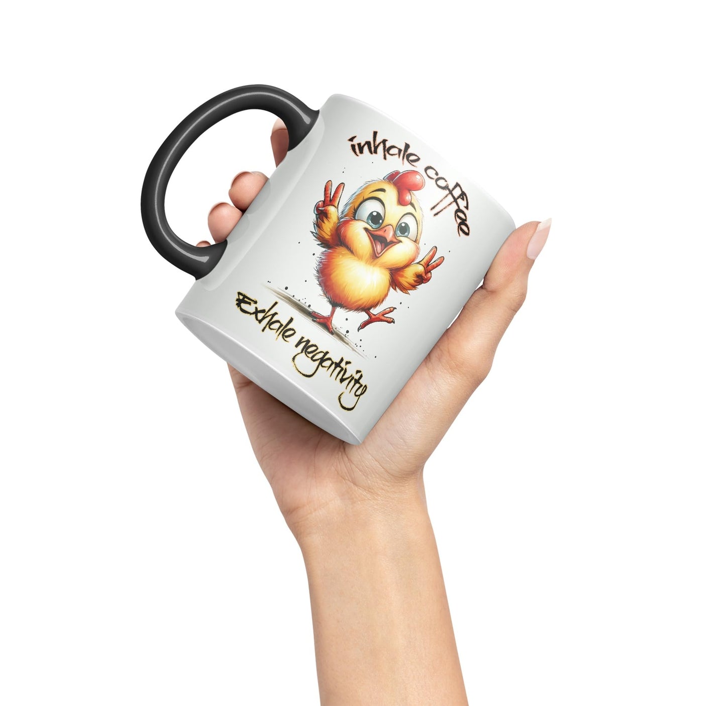 Inhale Coffee Exhale Negativity Chicken Joke sarkasm Sarcastic Ceramic Coloured Mug Cup for Tea Coffee Hot Brew 330ml 11Oz Gift