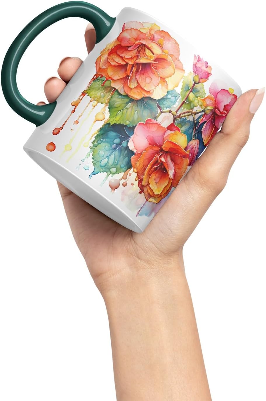 Vixar Begonia Botanical Art Mug Coloured Ceramic Mug Cup Gift, 11oz (Dark Green)