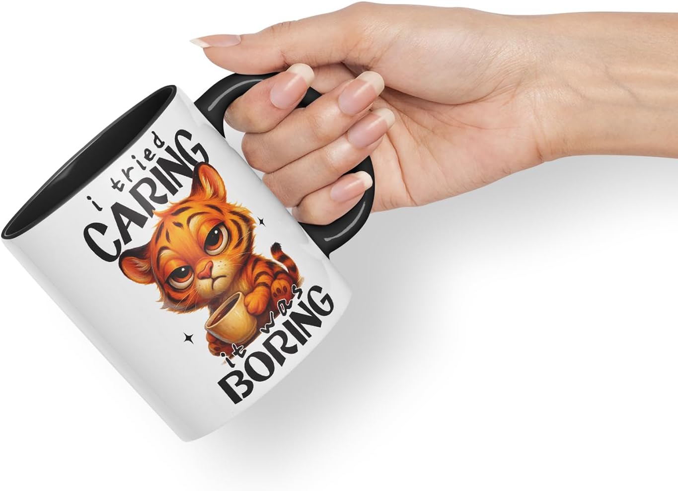 Vixar I Tried Caring It was Boring Funny Tiger Mug – Coloured Ceramic Mug Cup Gift, 11oz (Black)