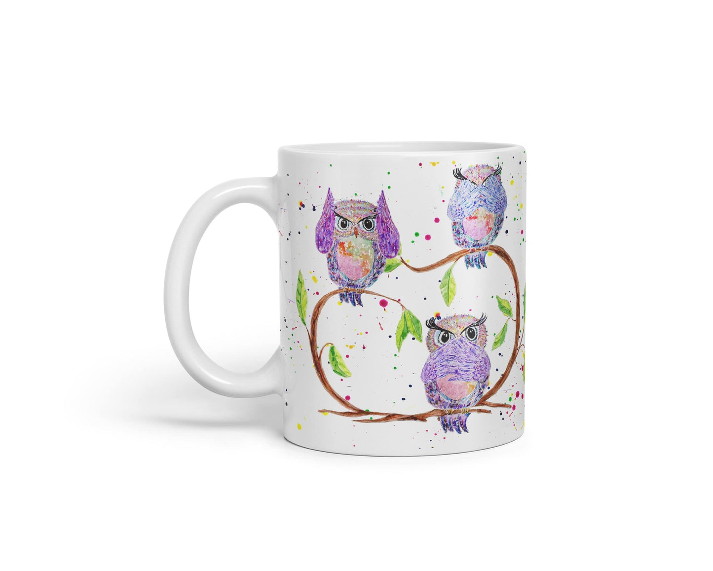 Vixar Owl Owls See Hear Speak no Evil Bird Animals Watercolour Art Coloured Mug Cup Gift Birthday Work Office Tea Coffee