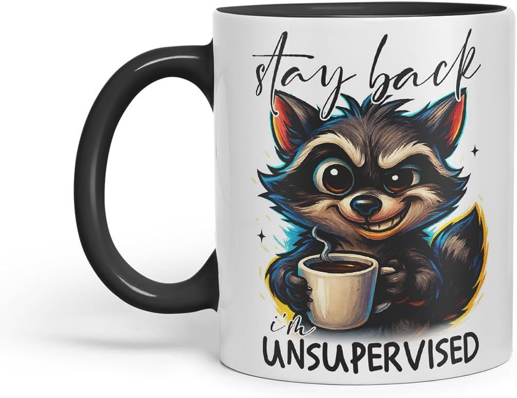 Vixar Stay Back I'm Unsupervised Funny Raccoon Coffee Mug – Coloured Ceramic Mug Cup Gift, 11oz (Black)