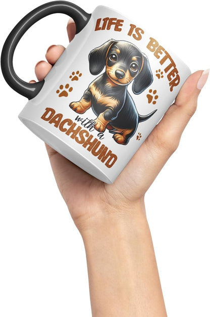 Vixar Life is Better with A Dachshund Dog Mug – Coloured Ceramic Mug Cup Gift, 11oz (Black)