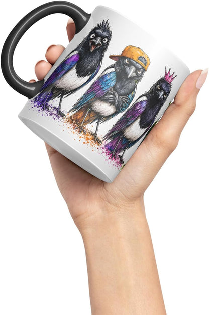 Vixar Magpie Bird Mug – Cute Magpie Bird Coloured Ceramic Mug Cup Gift, 11oz (Black)