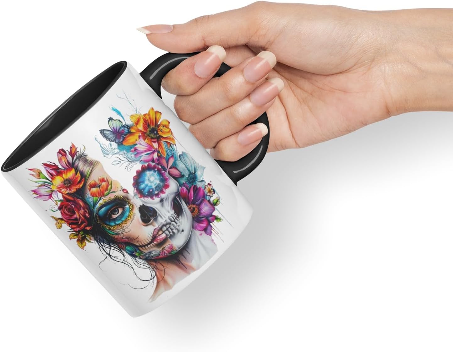 Vixar Sugar Skull Floral Woman Mug – Artistic Day of The Dead Design, Boho Coloured Mug Cup V1 (Pink)