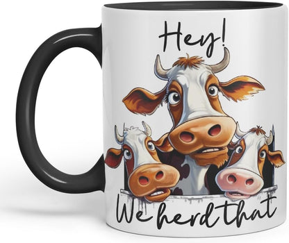 Vixar Hey! We Herd That Cow Joke Coloured Ceramic Mug Cup Gift, 11oz (Black)