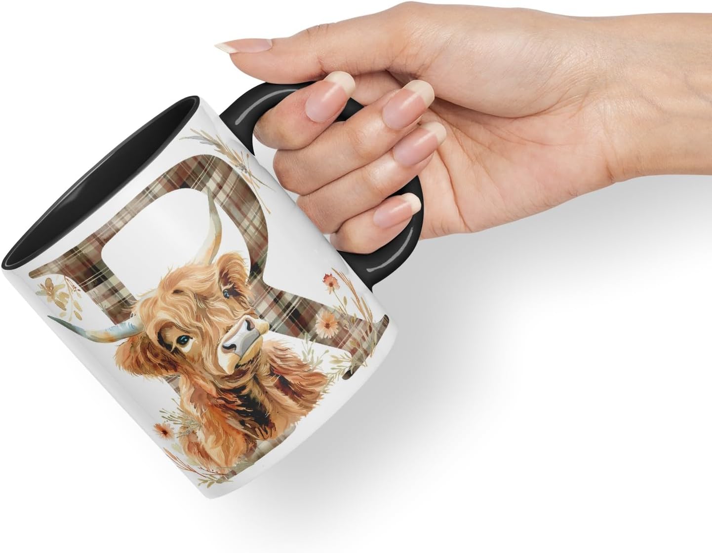 Vixar Highland Cow Alphabet Monogram Coloured Ceramic Cup Mug – Letter R – Rustic Farmhouse Animal Letter Gift – 11oz (Black)
