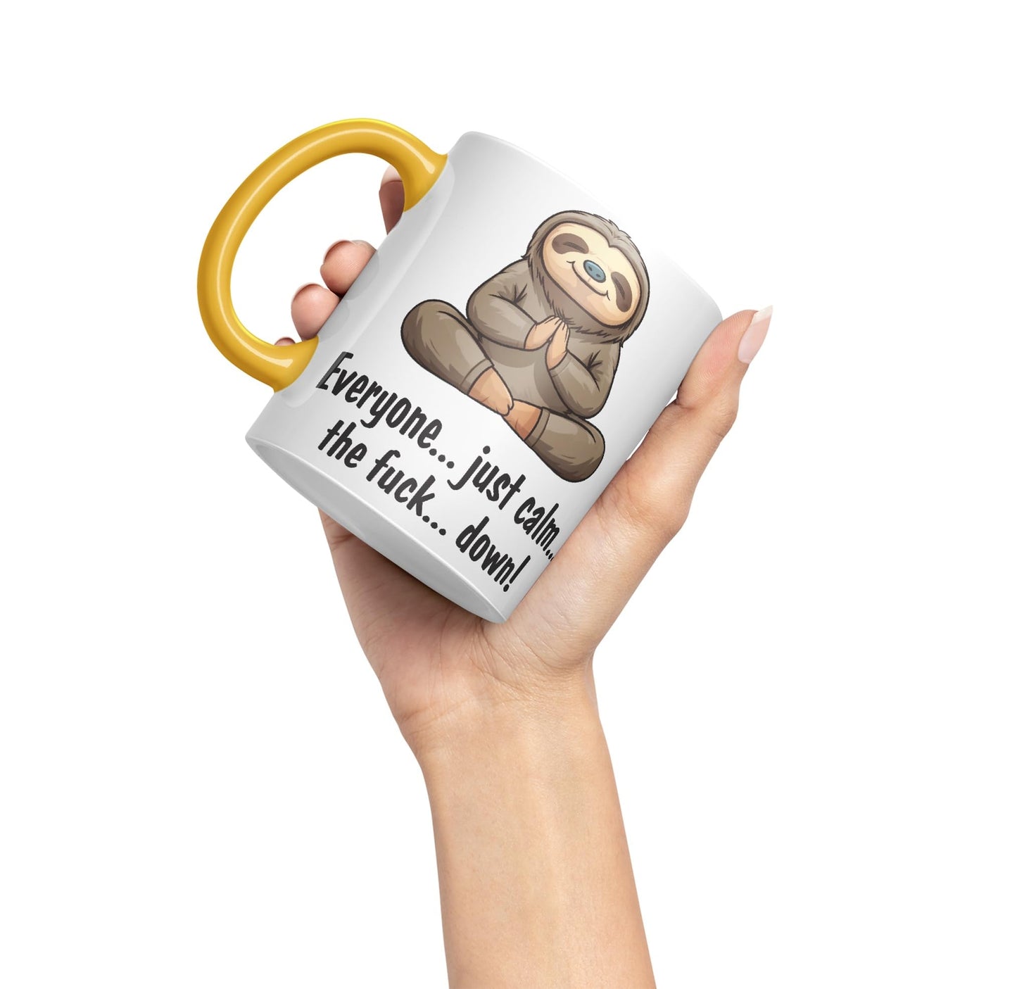 Everyone… just Calm… The f.. Down! Sloth Sarcastic Joke Ceramic Coloured Mug Cup for Tea Coffee Hot Brew 330ml 11 OZ