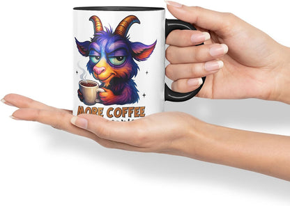 Vixar More Coffee Less People Funny Goat Mug – Coloured Ceramic Mug Cup Gift, 11oz (Black)