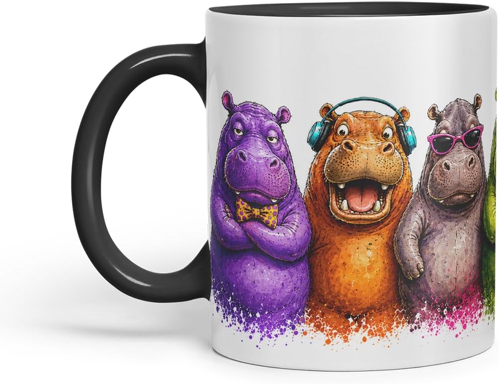 Hippo Mug – Cute Hippo Animal Coloured Ceramic Mug Cup Gift, 11oz (Black)