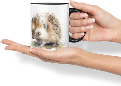 Vixar Watercolour Hedgehog Mug – Coloured Ceramic Mug Cup Gift, 11oz (Black)