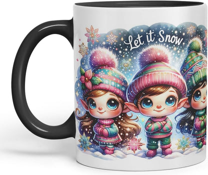 Vixar Let It Snow Cute Christmas Elves Coloured Mug Cup Winter Gift 11oz (Black)