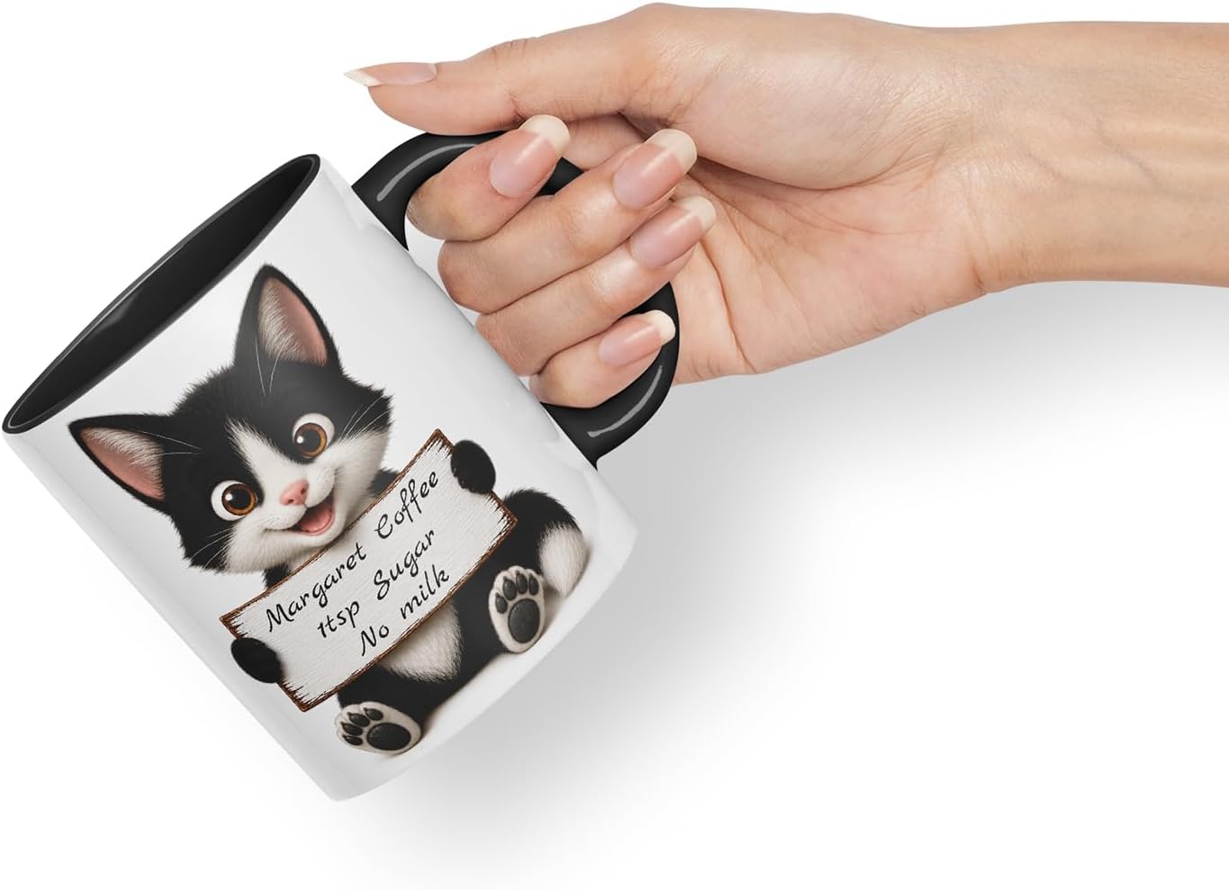 Vixar Personalised Black and White Cat Mug with Name or Custom Message – Cute Animal Coloured Ceramic Mug Cup Gift, 11oz (Black)