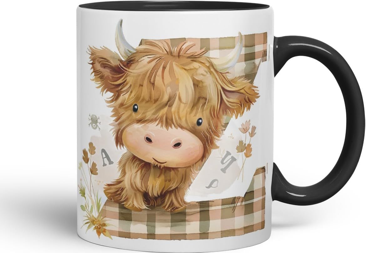 Vixar Highland Cow Alphabet Monogram Coloured Ceramic Cup Mug – Letter Z – Rustic Farmhouse Animal Letter Gift – 11oz (Black)