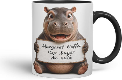 Vixar Personalised Hippo Mug with Name or Custom Message – Cute Animal Coloured Ceramic Mug Cup Gift, 11oz (Black)