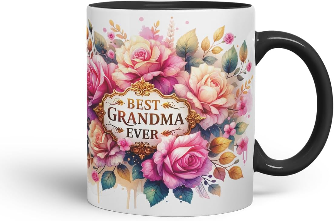 Vixar Best Grandma Ever Floral Mug – Coloured Ceramic Mug Cup Gift, 11oz (Black)