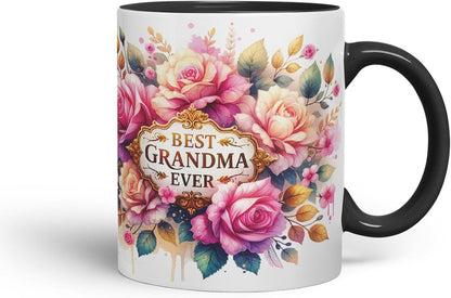 Vixar Best Grandma Ever Floral Mug – Coloured Ceramic Mug Cup Gift, 11oz (Black)