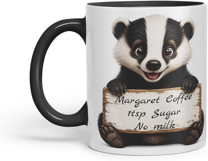 Vixar Personalised Badger Mug with Name or Custom Message – Cute Animal Coloured Ceramic Mug Cup Gift, 11oz (Black)