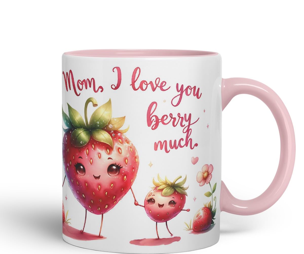Vixar Mom, I Love You Berry Much Coloured Mug Cup Cute Strawberry Mother’s Day Gift 11oz (Black)