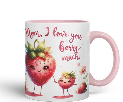 Vixar Mom, I Love You Berry Much Coloured Mug Cup Cute Strawberry Mother’s Day Gift 11oz (Black)
