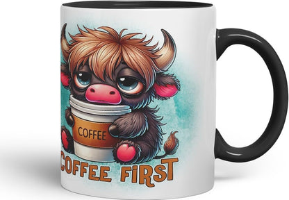 Vixar Coffee First Highland Cow Coloured Ceramic Mug Cup Gift for Coffee Lovers 11oz (Black)