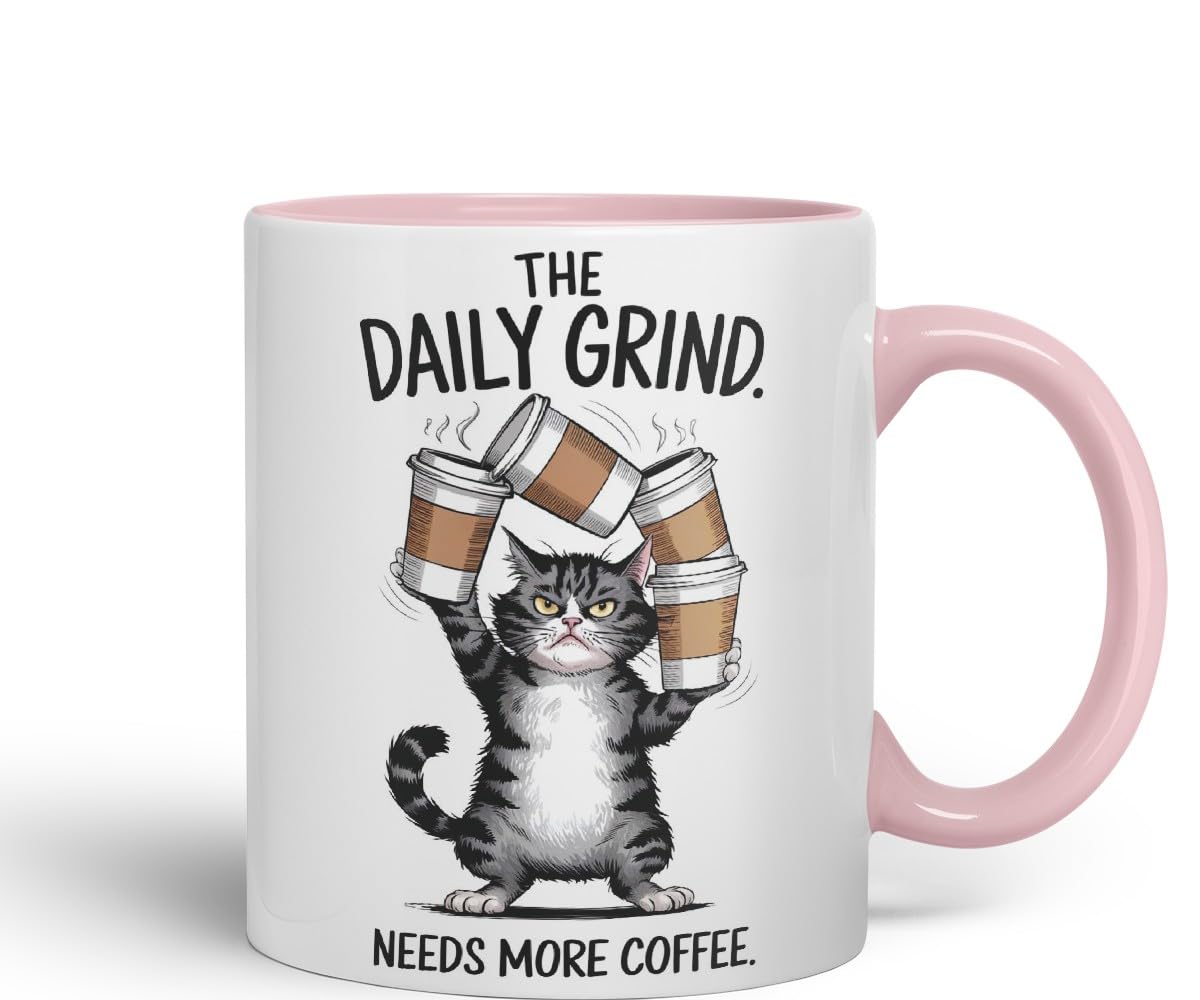 Vixar The Daily Grind Needs More Coffee Cat Mug – Coloured Ceramic Mug Cup Gift, 11oz (Black)