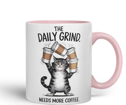 Vixar The Daily Grind Needs More Coffee Cat Mug – Coloured Ceramic Mug Cup Gift, 11oz (Black)