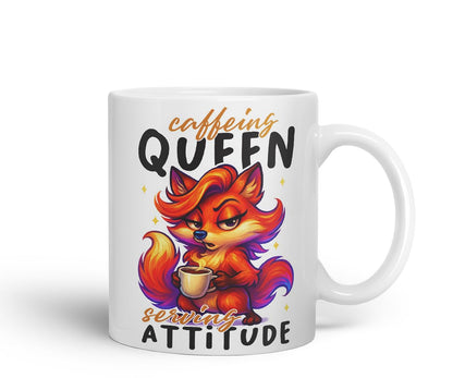 Vixar Caffeine Queen Serving Attitude Funny Fox Mug – Coloured Ceramic Mug Cup Gift, 11oz (Black)