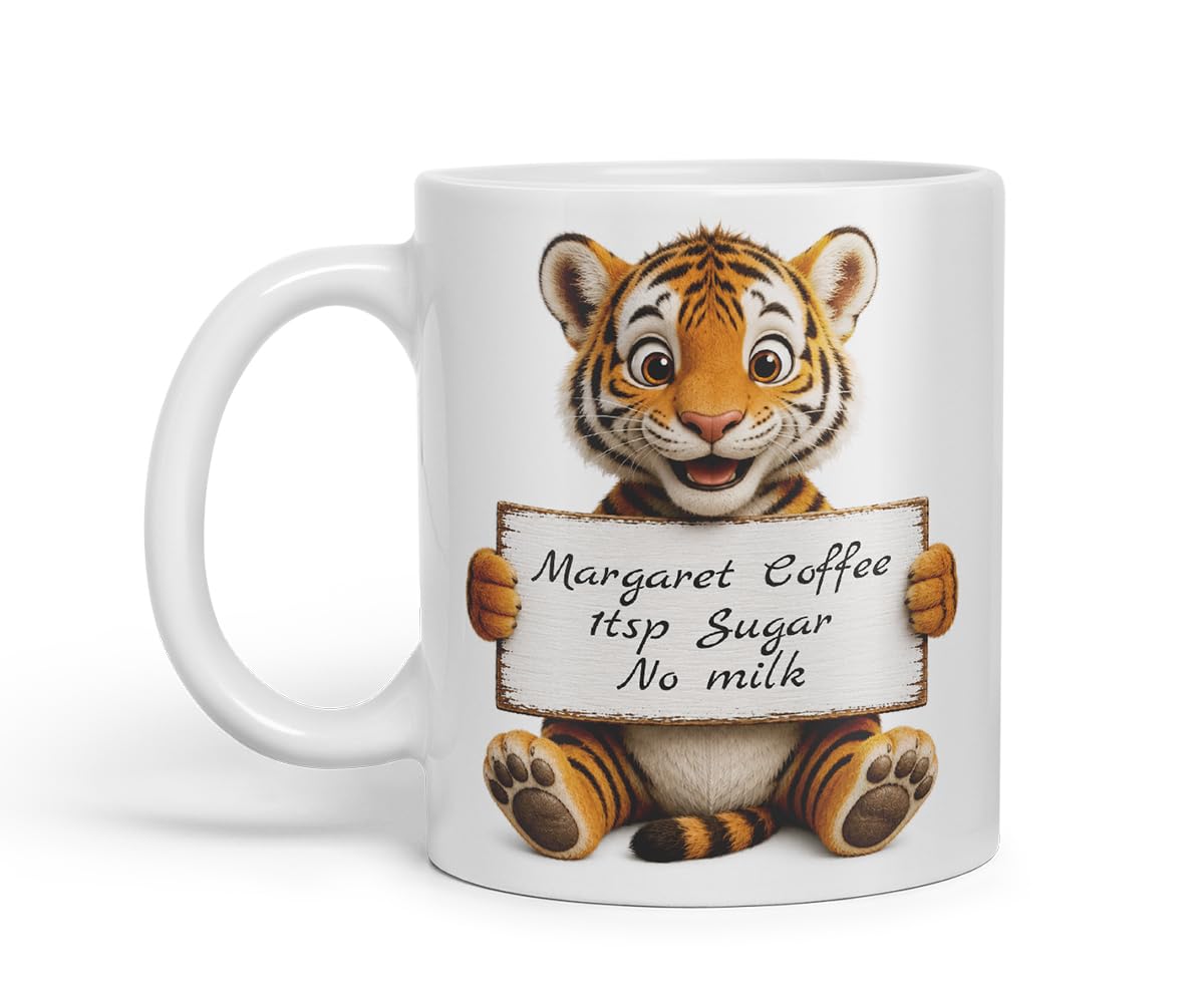 Vixar Personalised Tiger Mug with Name or Custom Message – Cute Animal Coloured Ceramic Mug Cup Gift, 11oz (Black)