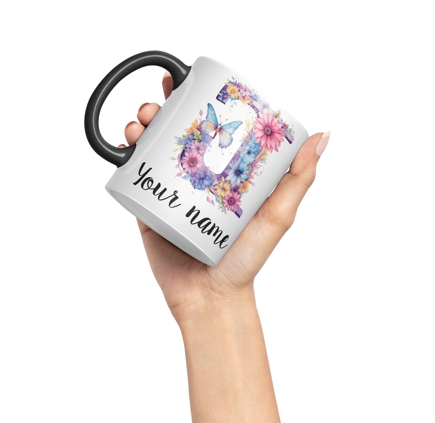 Personalised Letter J mug, Customized Custom Floral flowers butterfly Alphabet Letter J Monogram watercolour Ceramic Coloured Mug Cup for Tea Coffee Hot brew 330ml 11Oz Gift