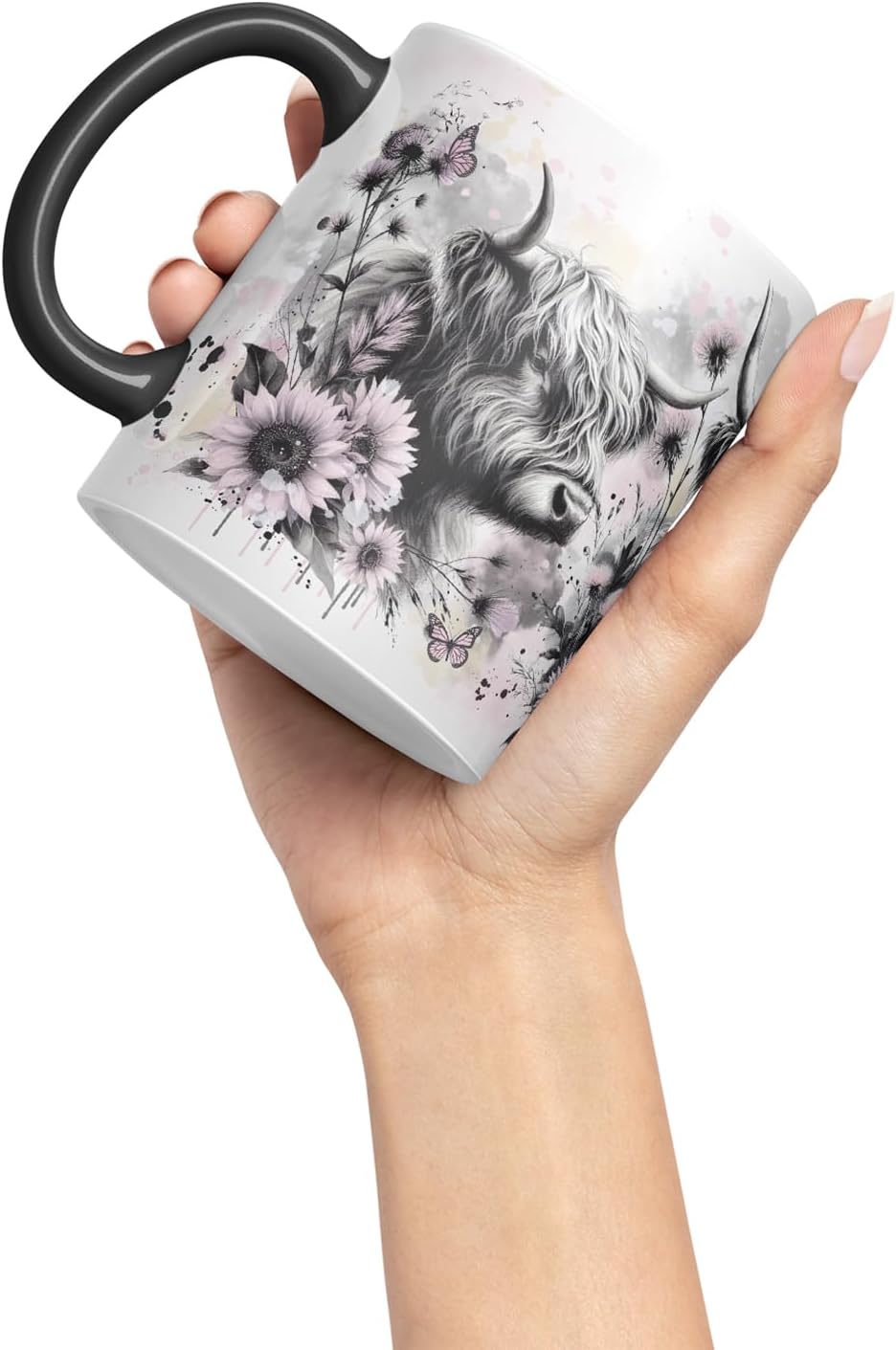 Vixar Highland Cows Flowers Mug – Coloured Ceramic Mug Cup Gift, 11oz (Black)