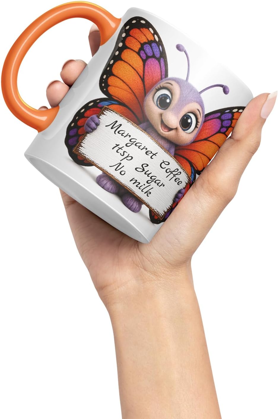 Vixar Personalised Butterfly Mug with Name or Custom Message – Cute Animal Coloured Ceramic Mug Cup Gift, 11oz (Orange)