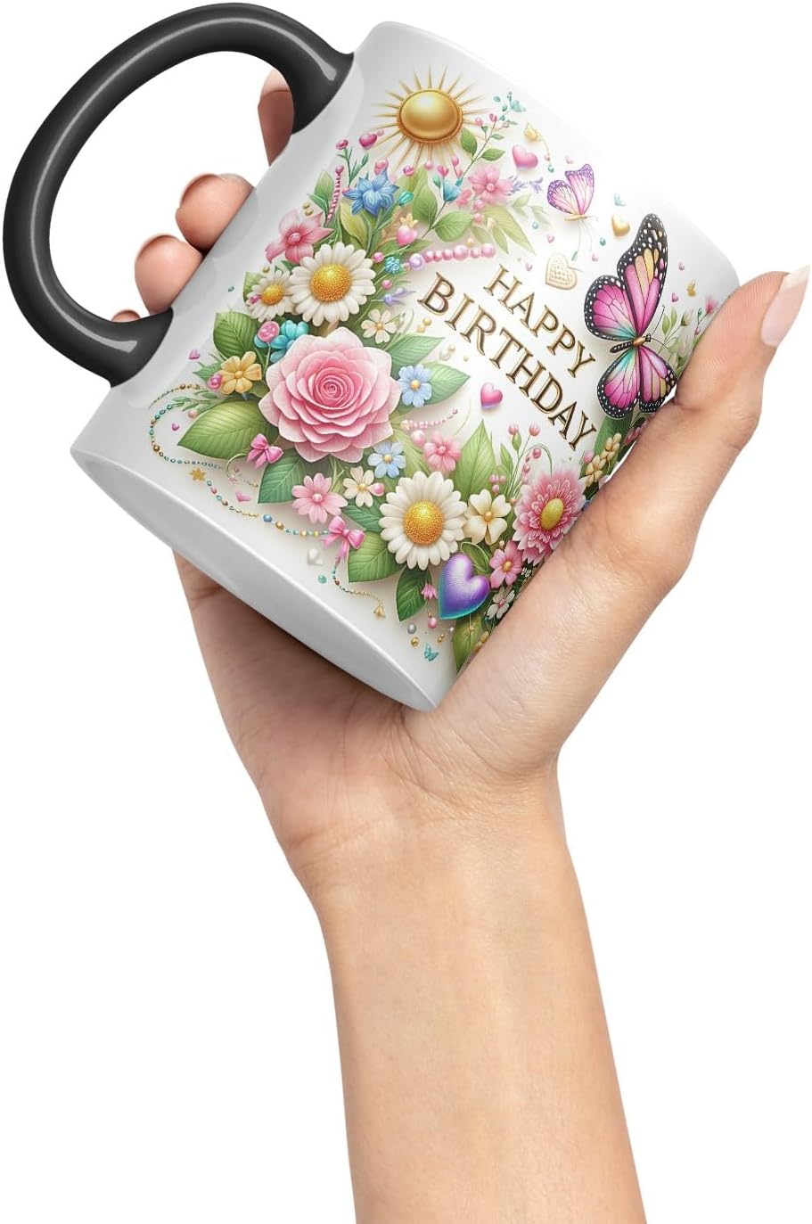 Vixar Happy Birthday Sun Roses Butterflies Coloured Ceramic Mug Cup Gift 11oz V14 (Black)