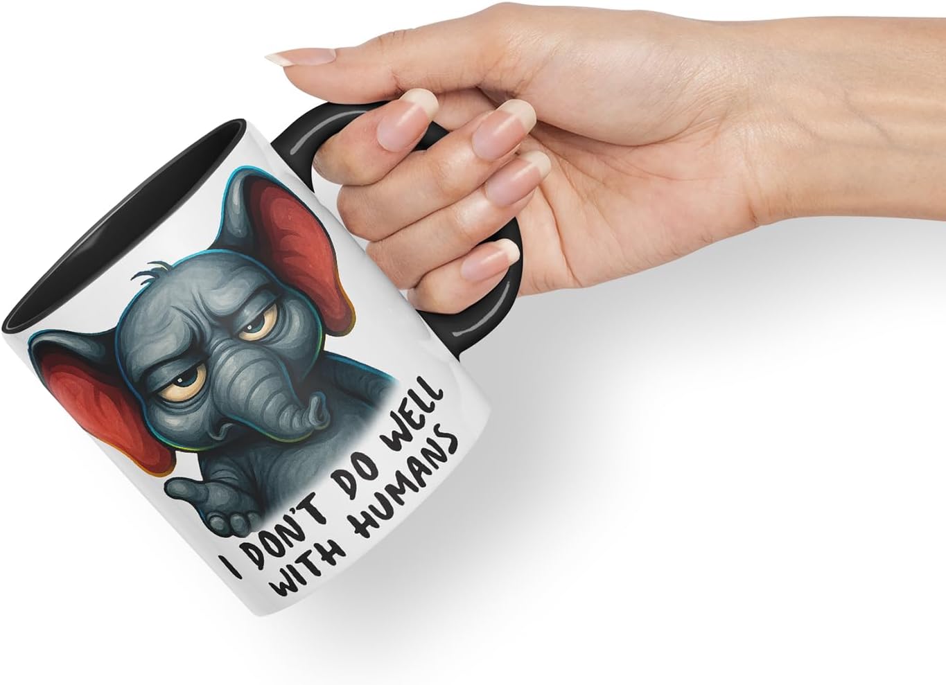 Vixar I Don't Do Well with Humans Funny Elephant Mug – Coloured Ceramic Mug Cup Gift, 11oz (Black)