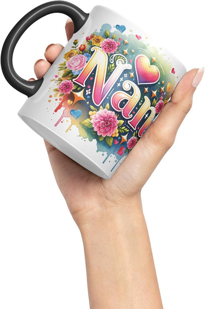 Vixar Nan Floral Watercolour Mug – Coloured Ceramic Mug Cup Gift, 11oz (Black)