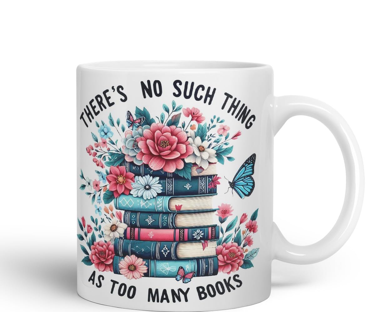 Vixar There's No Such Thing As Too Many Books Coloured Ceramic Mug Cup Gift, 11oz (Black)