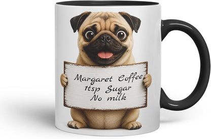 Vixar Personalised Pug Mug with Name or Custom Message – Cute Animal Coloured Ceramic Mug Cup Gift, 11oz (Black)