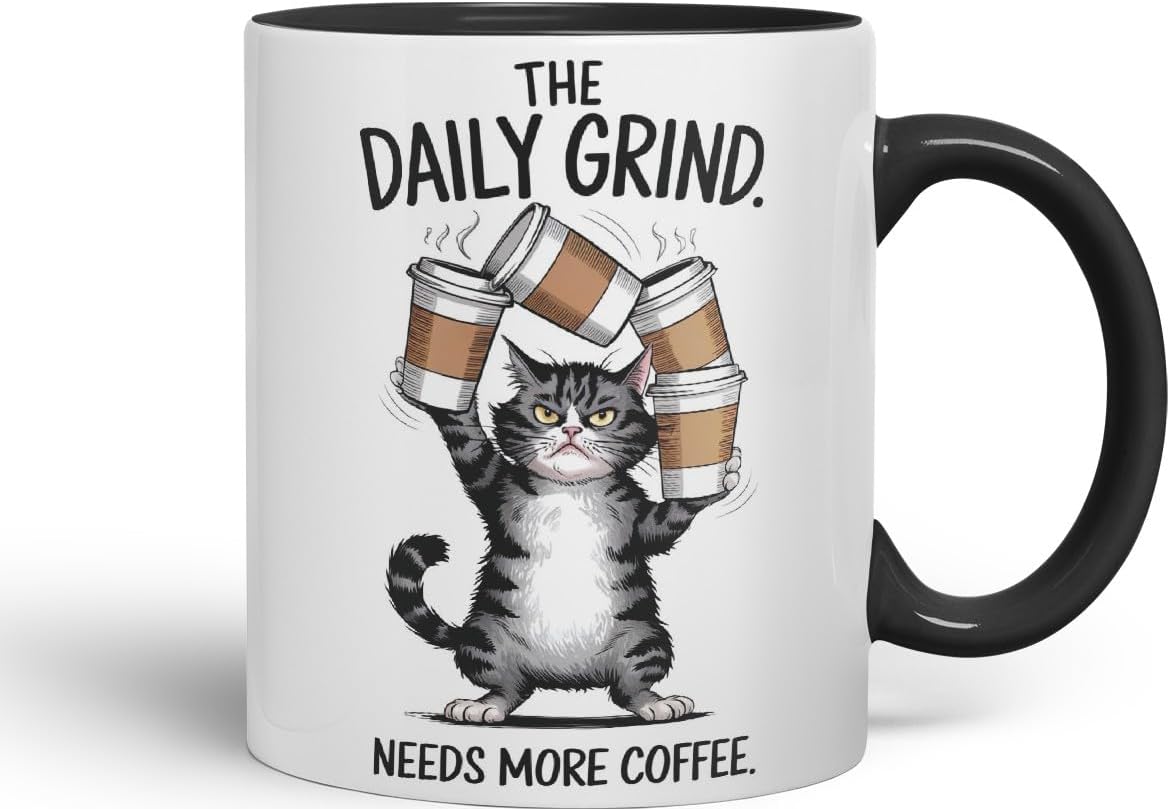 Vixar The Daily Grind Needs More Coffee Cat Mug – Coloured Ceramic Mug Cup Gift, 11oz (Black)