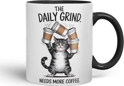 Vixar The Daily Grind Needs More Coffee Cat Mug – Coloured Ceramic Mug Cup Gift, 11oz (Black)