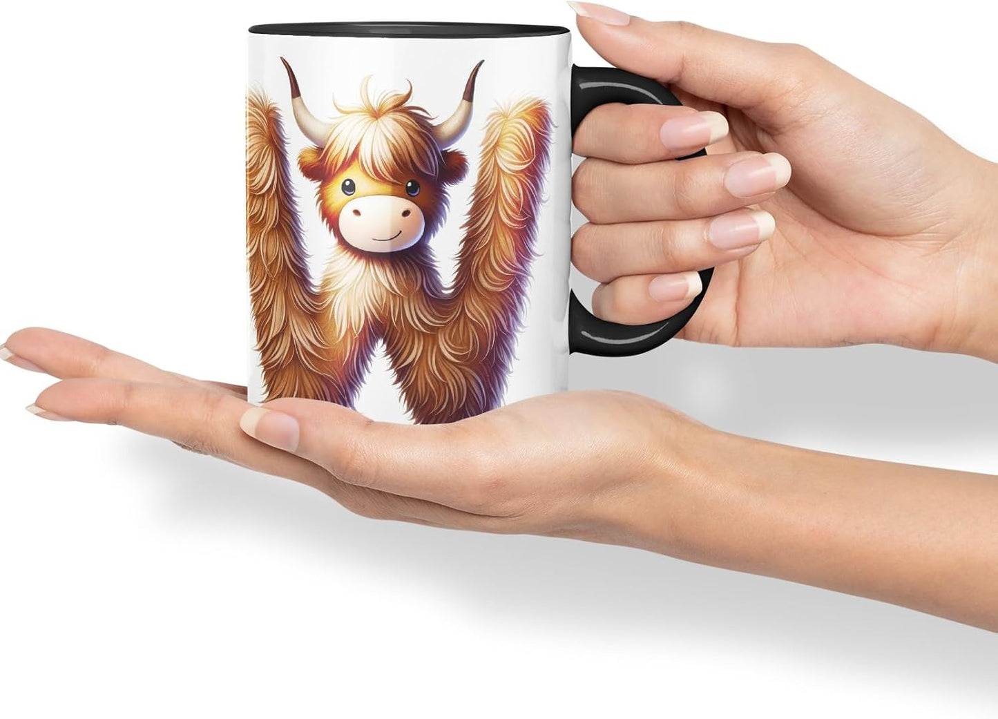 Highland Cow Alphabet Monogram Coloured Ceramic Cup Mug Letter W Rustic Farmhouse Animal Letter Gift V2 11oz (Black)
