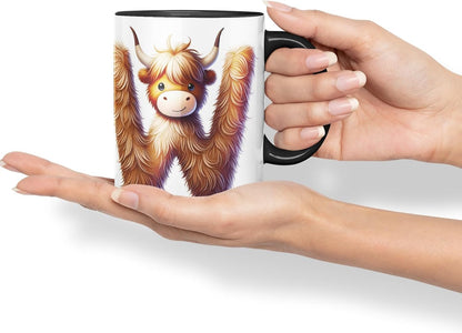 Highland Cow Alphabet Monogram Coloured Ceramic Cup Mug Letter W Rustic Farmhouse Animal Letter Gift V2 11oz (Black)