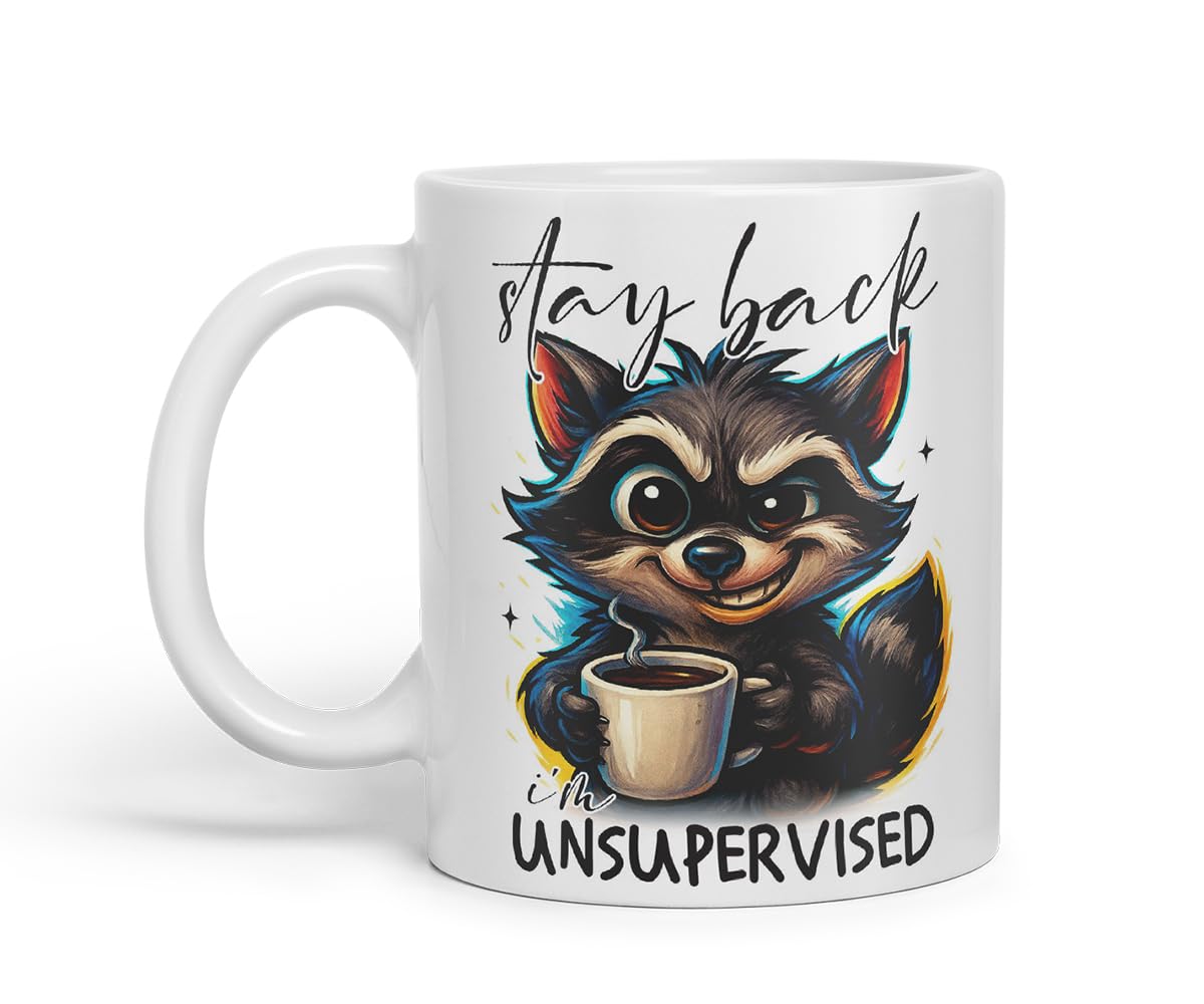 Vixar Stay Back I'm Unsupervised Funny Raccoon Coffee Mug – Coloured Ceramic Mug Cup Gift, 11oz (Black)