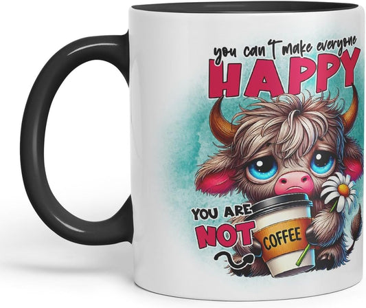 Vixar You Can’t Make Everyone Happy – You are Not Coffee Highland Cow Coloured Ceramic Mug Cup Gift for Coffee Lovers 11oz (Black)