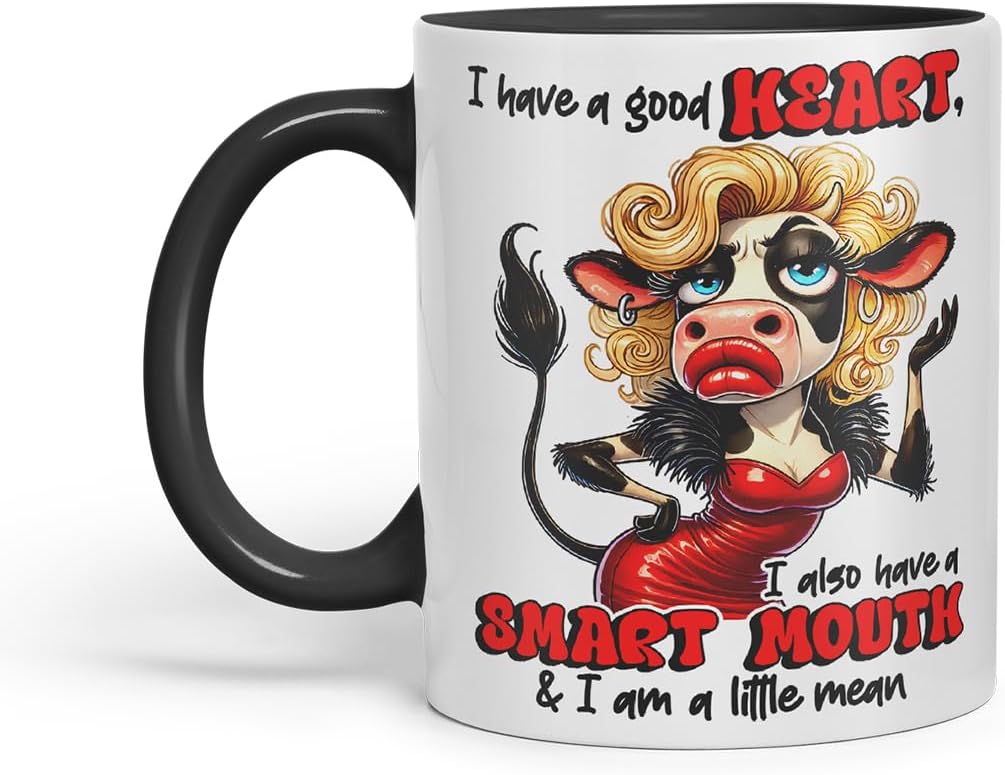 Vixar I Have a Good Heart But This Mouth Funny Cow – Coloured Ceramic Mug Cup Gift, 11oz (Black)